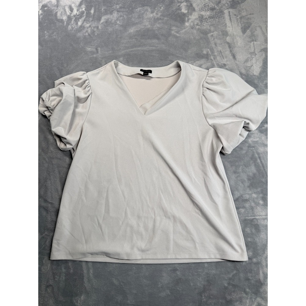 Ann Taylor Blouse Womens Large Gray V-Neck Puff Sleeve Stretch
